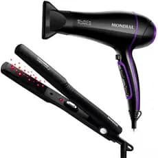 PRANCHA ALISADORA MONDIAL P-15 + SECADOR DE CABELO MONDIAL BLACK PURPLE