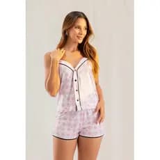 pijama estampado gola V baby doll feminino short doll baby doll com botões pijama feminino de dormir