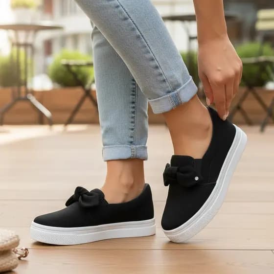 Tênis Casual Feminino De Laço Com Pingente Slip On Confortável Leve Macio Sem Cadarço Em Oferta Iate