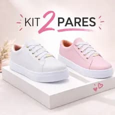 kit 2 Pares Tênis Casual Feminino Básico Confortável Sapatenis Tênis Cadarço Branco Nude Preto