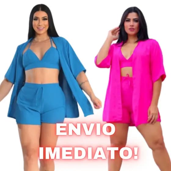 Conjunto Feminino  Duna 3 Peças Kimono Short e Cropped Com Bojo Conjunto Duna Não Amassa