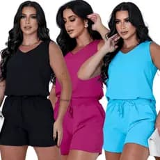 Conjunto Feminino Blusa Short Duna Cintura Alta Regata Alça Larga Verão Casual Elegante