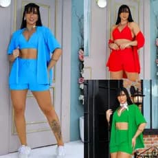 Conjunto Kimono Feminino 3 Peças Short Blusa Cropped Duna Com Bojo