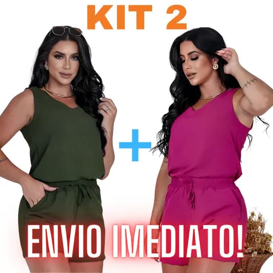 KIT 2 Conjunto Feminino Verão Blusa Feminina Regata Duna Decote V Soltinha e Short Cintura Alta