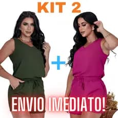 KIT 2 Conjunto Feminino Verão Blusa Feminina Regata Duna Decote V Soltinha e Short Cintura Alta