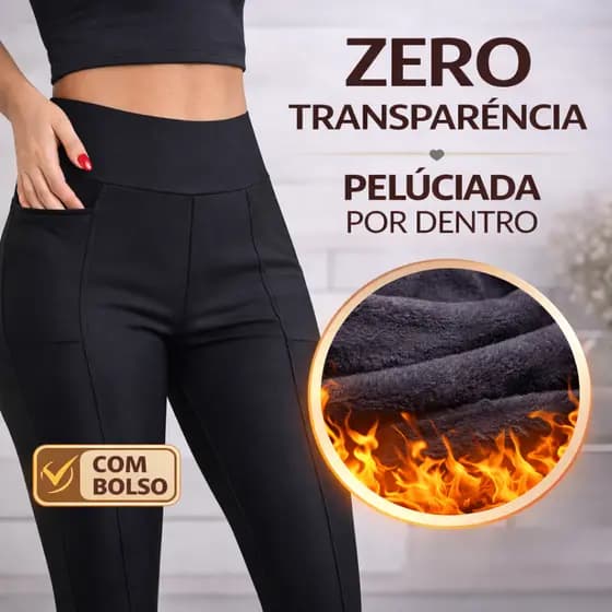 Calça Legging Montaria Peluciada Feminina Com Bolso Zero Transparência Cintura Alta Inverno