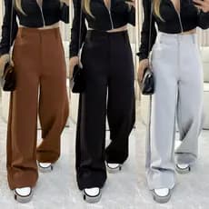 Calça Alfaiataria Pantalona Feminina Cintura Alta Bolso Social Elegante Perna Larga Moda Casual