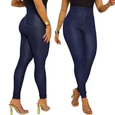 Calça Legging Jeans Fake com Bolso Cintura Alta Cotton Do M ao G2