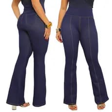 Calça Flare Feminina Jeans Fake Cintura Alta Cotton Confortável Boca de Sino Bailarina com Bolso