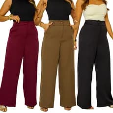 Calça Pantalona Alfaiataria Feminina Cintura Alta Wide Leg com Bolso Botão Forrado Social Elegante