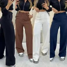 Calça Alfaiataria Feminina Pantalona Social Cintura Alta Wide Leg Bolso Elegante