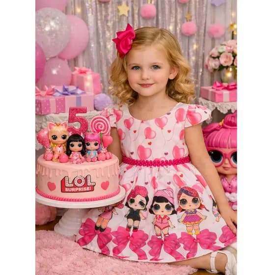 Vestido de festa LOL Queen Bee balões corações Boneca Luxo Temático INFANTIL