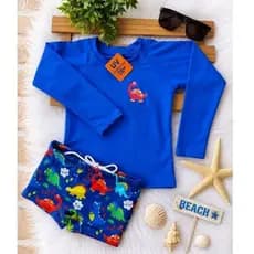 sunga boxer infantil + camisa proteção uv50+ dinos promoção