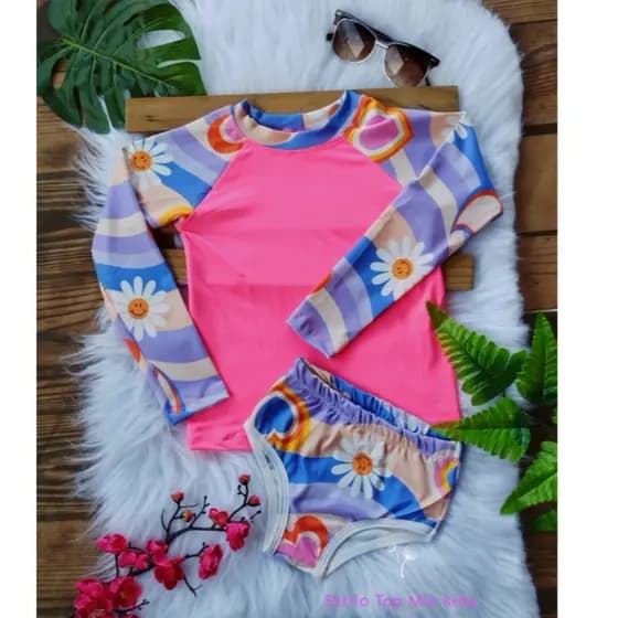 Biquíni Infantil e Blusa MANGA LONGA Proteção Solar UV conjunto moda praia elástico 1 a 7anos