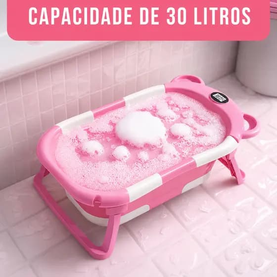 Banheira Bebê Dobrável Ursinho com Termômetro Digital e Almofada Macia Antiderrapante