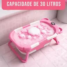 Banheira Bebê Dobrável Ursinho com Termômetro Digital e Almofada Macia Antiderrapante