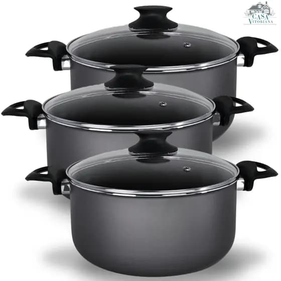 Kit 3 Peças Panelas Caçarolas 16, 18 e 20 cm Antiaderente 5 Camadas de Teflon com Tampa de Vidro Cor Preto Grafite