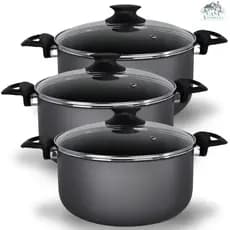 Kit 3 Peças Panelas Caçarolas 16, 18 e 20 cm Antiaderente 5 Camadas de Teflon com Tampa de Vidro Cor Preto Grafite