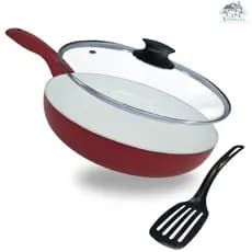 Frigideira de Indução 20 cm Fundo Triplo Revestimento Antiaderente Cerâmico com Tampa de Vidro Cor Vermelho e Branco