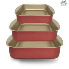 Jogo de Forma Alta Conjunto de Assadeira Quadrada  Tamanhos 21 cm 27 e 33 cm Antiaderente Teflon Cor Dourado e Cereja
