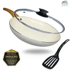 Frigideira 24cm Indução Antiaderente Cerâmico Com Tampa de Vidro Cor Bege