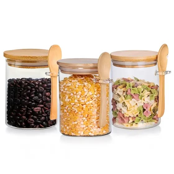 Kit 3 Potes Porta Tempero Porta Mantimento Hermético De Vidro Com Tampa E Colher Bambu 450mL