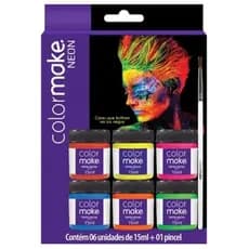 Tinta Facial Neon Colormake kit c/ 6 cores - Brilha na Luz Negra + Pincel  - Maquiagem Artística