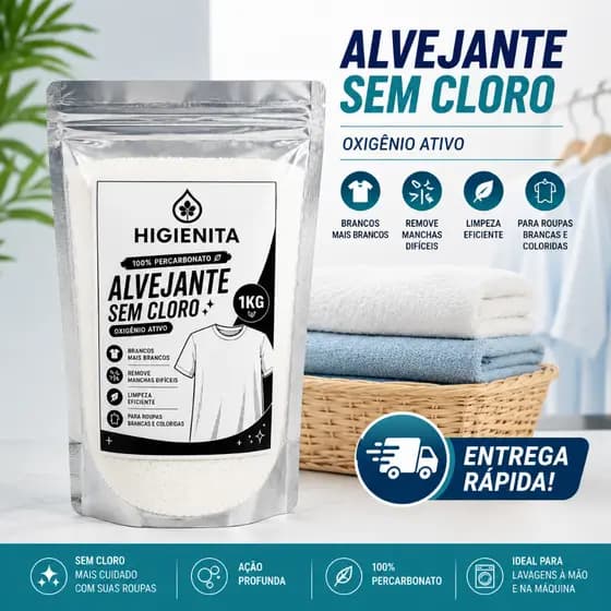 Higienita Alvejante Sem Cloro 100% Puro Remove Manchas Café Vinho Suor Potente 1kg