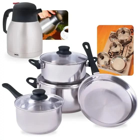 Kit Jogo de Panelas 4 Peças em Inox para Indução e a Gás Fundo Triplo + Garrafa Térmica 1,2l Inox com Gatilho: