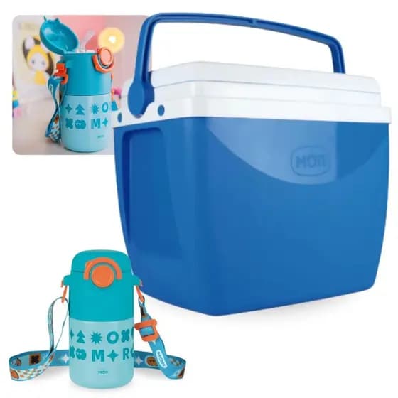 Kit Passeio Garrafa Kids Térmica Azul em Inox + Caixa Térmica 18 Litros Azul