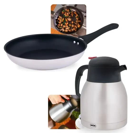 Kit Frigideira 25cm Inox Antiaderente 1,8l Fundo Triplo Indução e Gás + Garrafa Térmica 1,2l em Inox com Gatilho