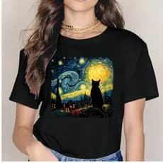 Camiseta Feminina  Gato Artístico Estilo Van Gogh Blusa Feminina Casual Premium Algodão
