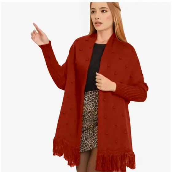 Blusa Poncho Kimono Trico Capa Franja Outono Inverno Feminin