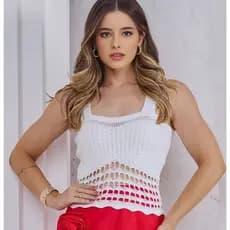 Cropped Feminino Tricot Modal Regata Detalhe Vazado Verão