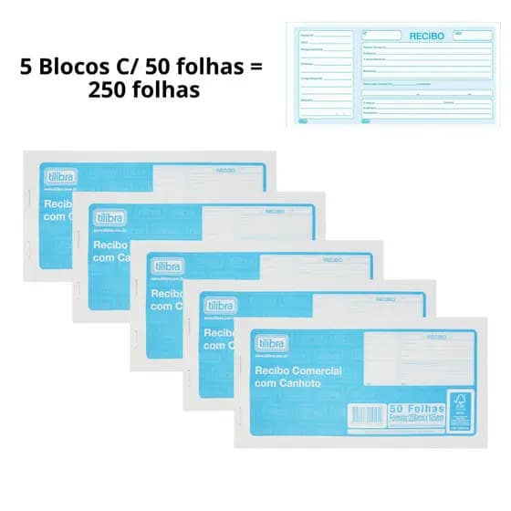 Kit 5 Bloco Recibo Comercial Com Canhoto 50 Folhas 1459 Tilibra - 250 Folhas Totais