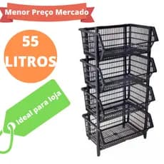 Cesto Expositor Organizador Empilhavel de Plástico Preto Kit