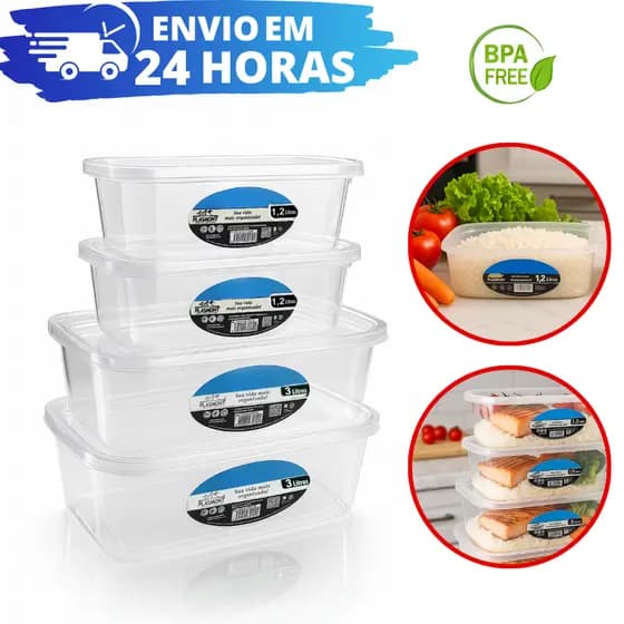 Kit 4 Potes Transparente 1,2 L E 3,0 L PRESIDIO Retangular REFORÇADO