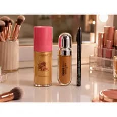 Kit Feminino Iluminador + Brilho Labial + Lápis preto Delineador.