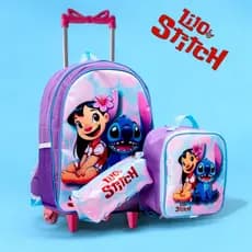 Kit  Mochila Rodinha Infantil Feminina Escolar  Lilo Stitch + lancheira Termica + estojo com Envio Imediato