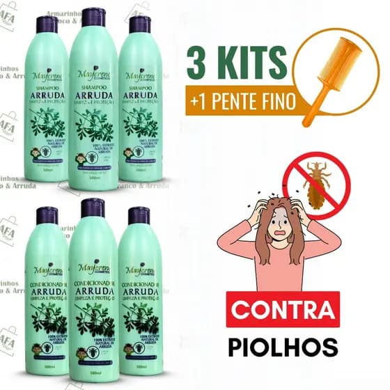 3 Kits Arruda para Piolhos Maycrene (3 Shampoos e 3 Condicionadores) 6x500ml acompanha Pente fino