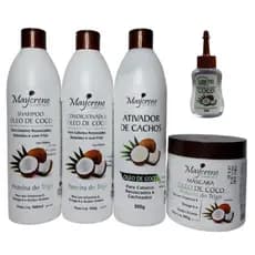 Kit Cacheados Óleo Coco 4x500ml - Shampoo Condicionador Máscara Ativador e Rep 30ml Maycrene 5 Prod.