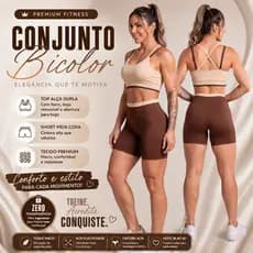 Conjunto Fitness Feminino Bicolor Premium Top Alça Dupla Short Meia Coxa Cintura Alta Zero Transparência