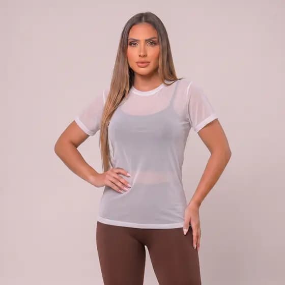 Blusa Feminina de Tule Transparente com Manga Roupa de academia Moda fitness regata de tule para treino