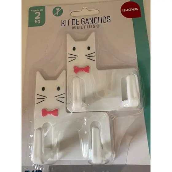 Kit 2 Ganchos Duplos Autocolantes Multiuso Com Desenho Gato