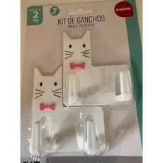 Kit 2 Ganchos Duplos Autocolantes Multiuso Com Desenho Gato