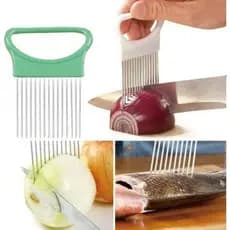 Garfo Suporte Alça Fatiador Cortador De Alimentos Legumes Cebola Tomate Pepino Frutas Aço Inox