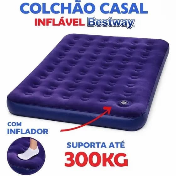 Colchão Inflável Casal Suporta 300Kg Com Inflador Embutido Fole + Kit reparo Incluso
