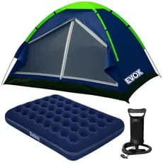 Kit Barraca de Acampamento A Prova D'Água 4/3 Pessoas Reforçada + Colchão Inflável Casal Resistente + Bomba de Ar