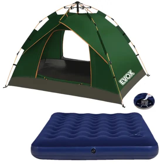 Kit Barraca de Acampamento Automática 4 Pessoas EVOX A Prova D'Água + Colchão Inflável Casal com Inflador Embutido
