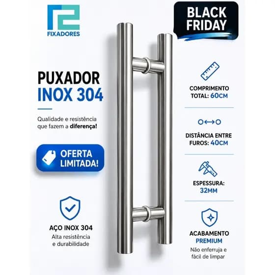 Puxador Inox 60cm (60X32) p/ Porta de vidro, madeira, alumínio e portão TUBULAR/REDONDO INOX POLIDO